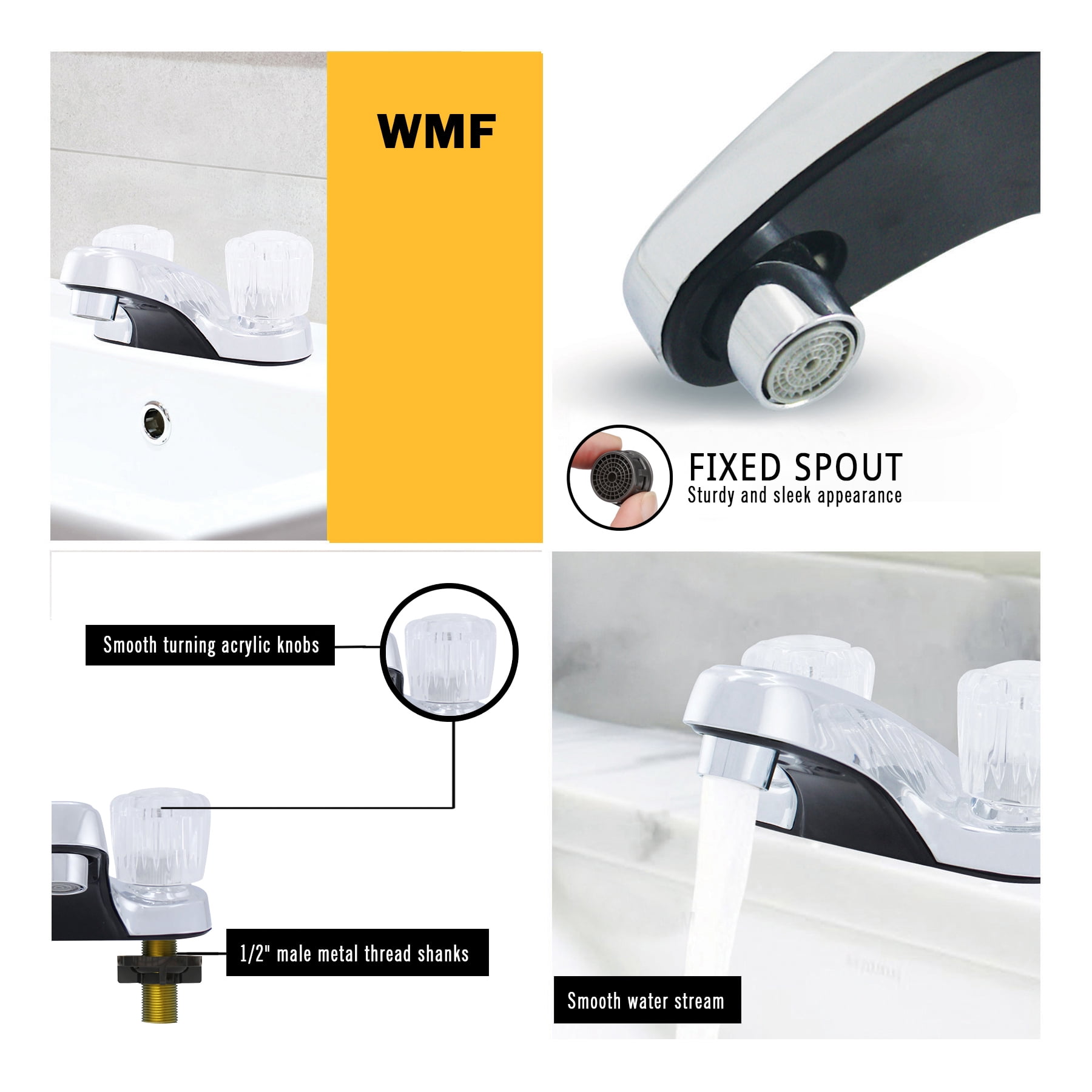 WMF-4224EUZ-CP - Hybrid Metal Deck Lavatory Bathroom Sink Faucet with Washerless Cart. Acrylic Double Handle