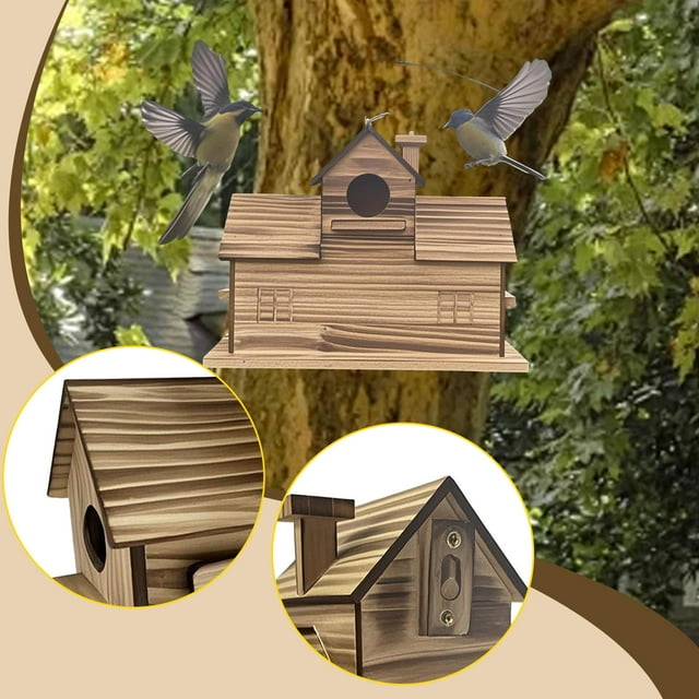 Casa para pájaros de exterior de madera maciza rústica con 3 agujeros para colibríes, ideal para decoración de patio, balcón y jardín.