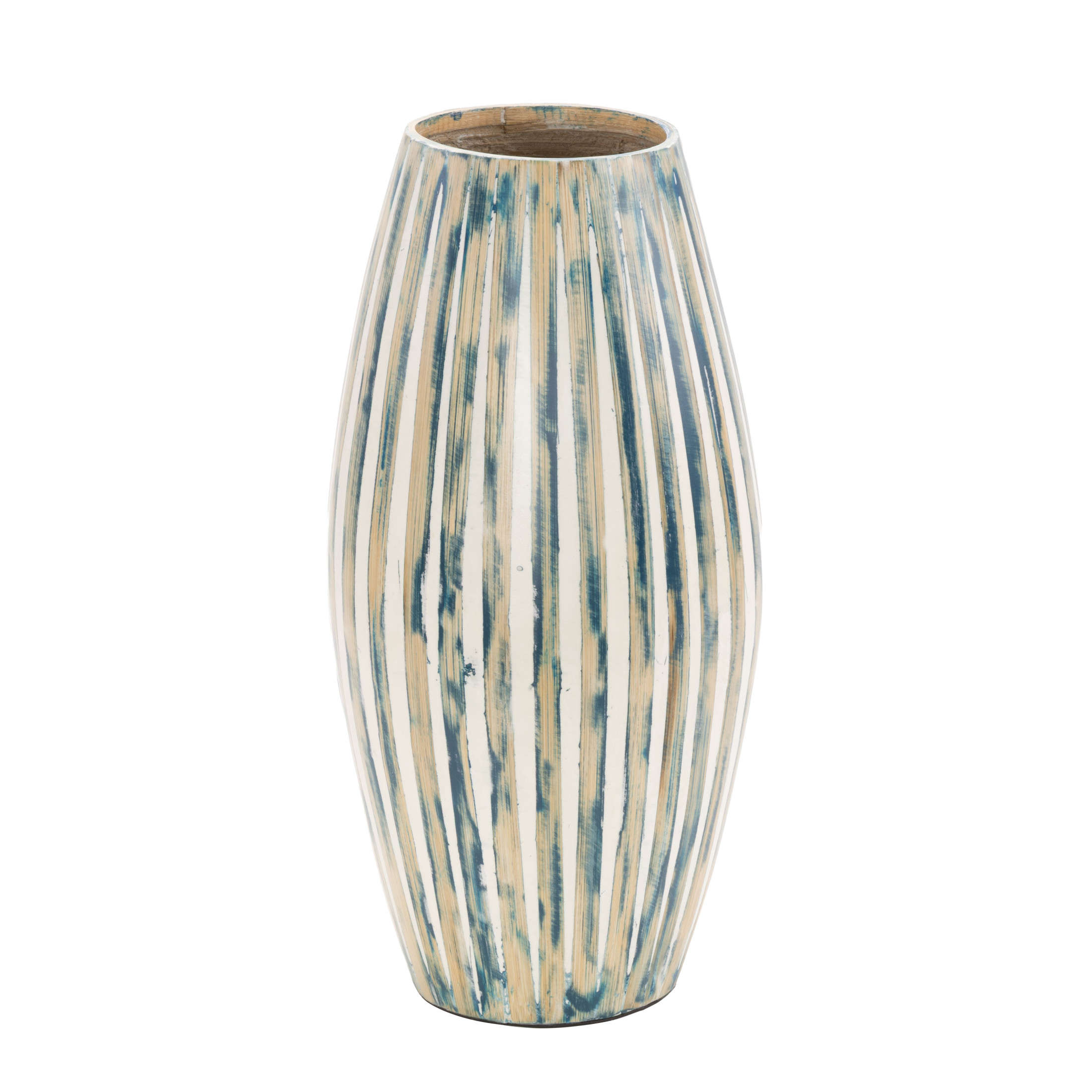 DecMode 17" Brushed Blue Bamboo Wood Vase with Cream Accents and White Stripes