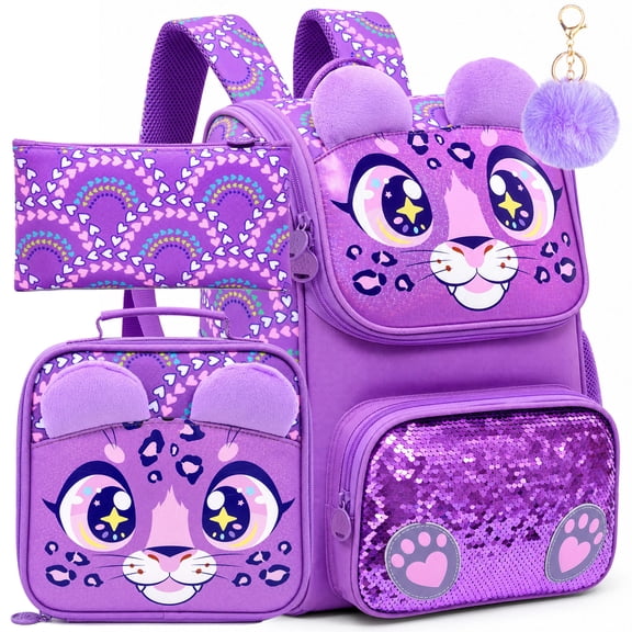 3PCS Girls Backpack Set, 15 Inch Sequin Leopard Pattern School Bag with Lunch Box for Preschool Elementary Students, Purple
