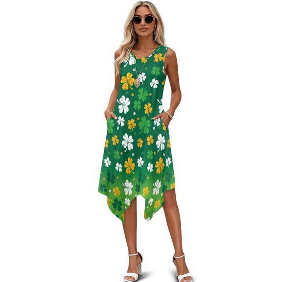 chaqlin St Patrick's Day Dresses for Women Plus Size Crew Neck Tank Dress Green Leaf Sleeveless Flowy Beach Dresses Summer Hankerchief Hem Midi Sundress with Pockets