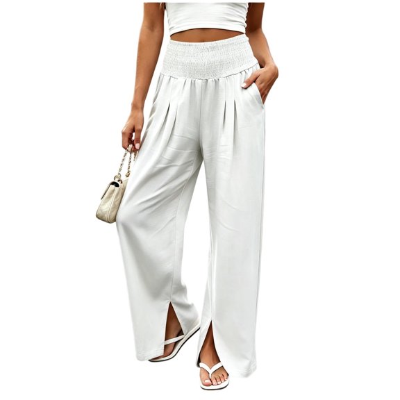 Wide Leg Linen Pants Women High Waisted Boho Beach Flowy Pants Pleated Casual Vacation Outfits Elastic Trousers Split Hem