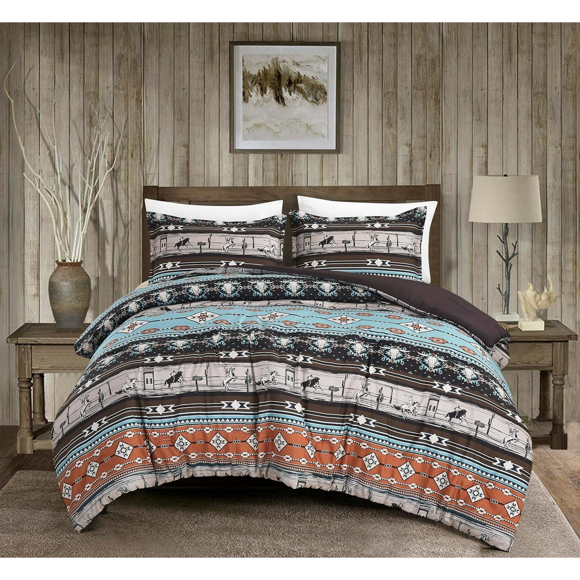 Chezmoi Collection Sawyer 2-Piece Southwestern Cowboys Rodeo Comforter Set, Multicolor Blue Brown Beige Clay Printed Washed Microfiber Bedding, Twin