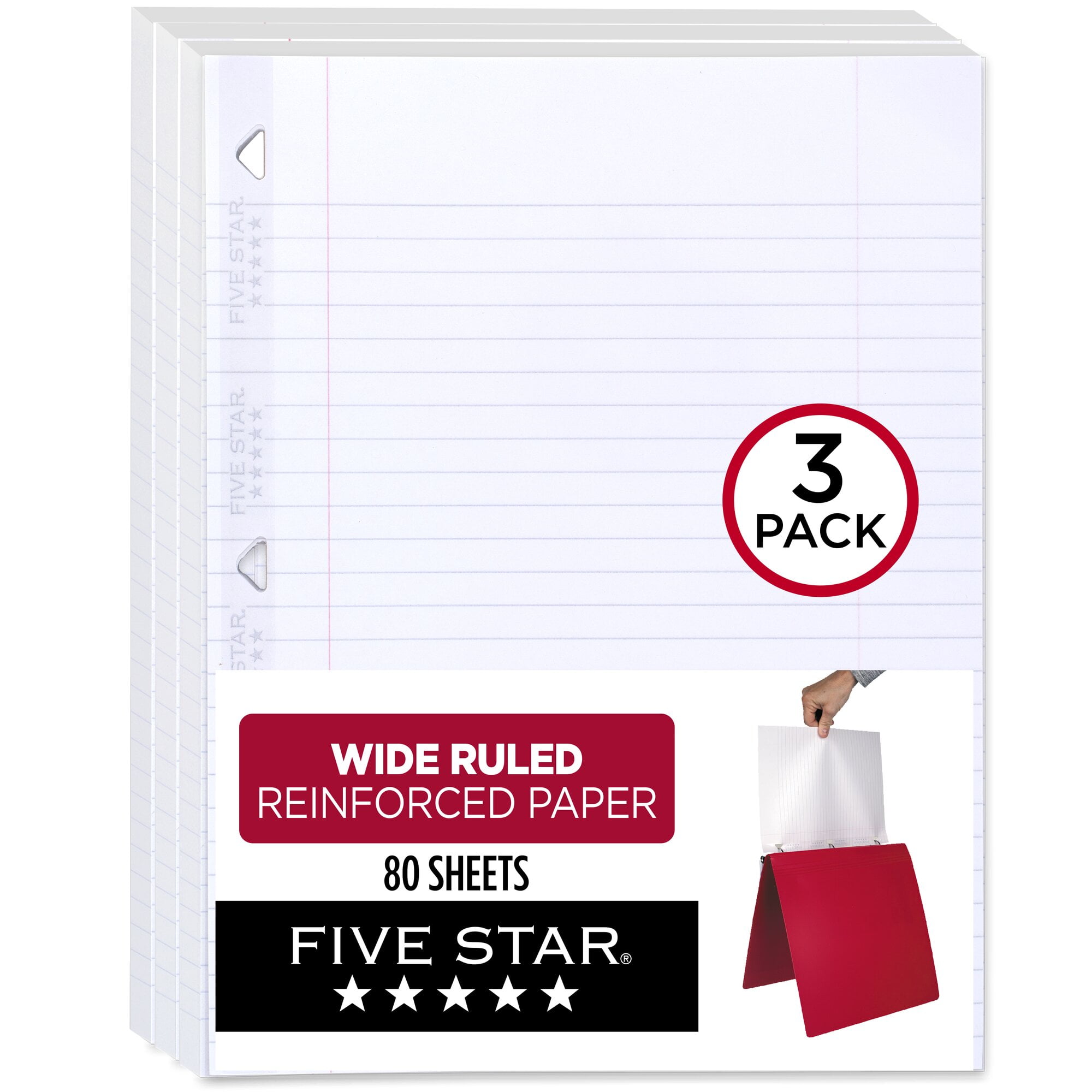 Five Star Reinforced Filler Paper Wide Ruled 8 X 10 12 80 SheetsPack 3 five-star-reinforced-filler-paper-wide-ruled-8-x-10-12-80-sheetspack-3