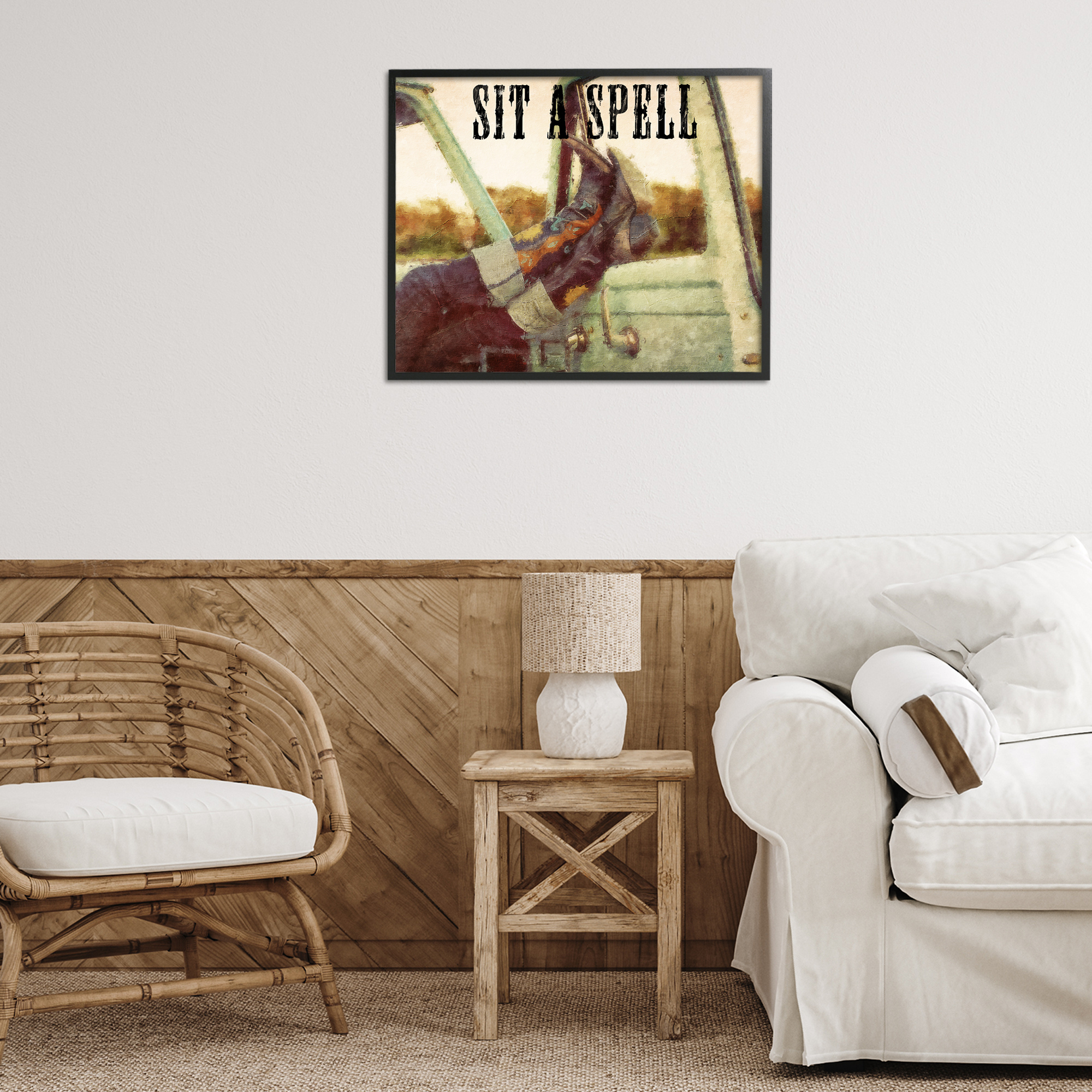 Stupell Industries Sit A Spell Cowboy Typography Painting Black Framed Art Print Wall Art, 30 x 24