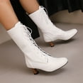 thumbnail image 5 of White Women'S Mid-Calf Boots With Lace-Up And Round Toe Flat Design For Casual Winter Wear Pu Leather Comfort Fit, 5 of 7