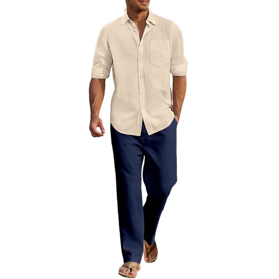 Letdown Men's 2 Piece Outfits Casual Cotton Linen Long Sleeve Button Down Shirts and Pants Sets Loose Fit Summer Athletic Tracksuits Vacation Trip Outfits Sets