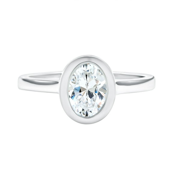 Rosec Jewels Oval Engagement Ring 1 ct - Lab Diamond Solitaire Ring 6x8 mm - Bezel Set - EF-VS Grade, 925 Sterling Silver, US 4.00