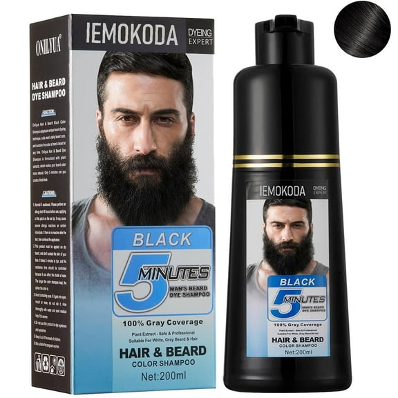 Men's Long-Lasting Black Beard Hair Dye Shampoo & Root Touch Up for Gray Coverage, Beard & Mustache Coloring Care Dye Shampoo Instant 5 Minutes, 200 ml