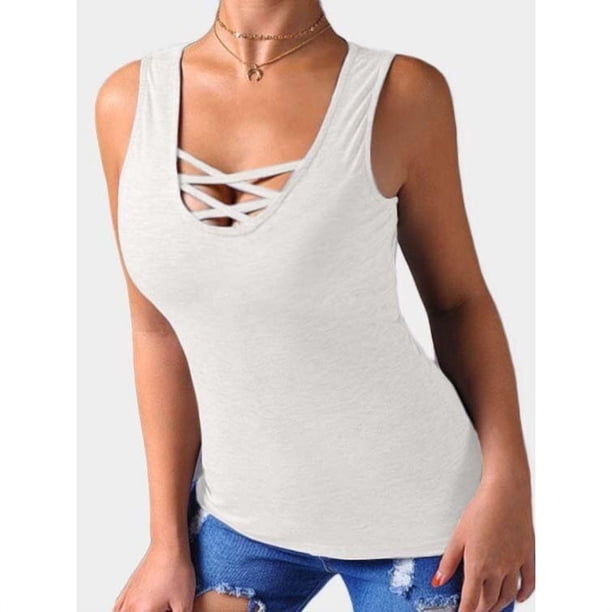 Camisa de cami casual entrecruzada para mujer Camiseta sin mangas sin mangas Blusa básica con cordones Ormromra CJWUS-1642
