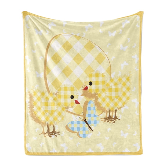 Baby Soft Flannel Fleece Throw Blanket, Abstract Chick Design with Plaid Pattern Butterfly Giant Egg Funny, Cozy Plush for Indoor and Outdoor Use, 50" x 60", Pale Yellow Pale Blue, by Ambesonne