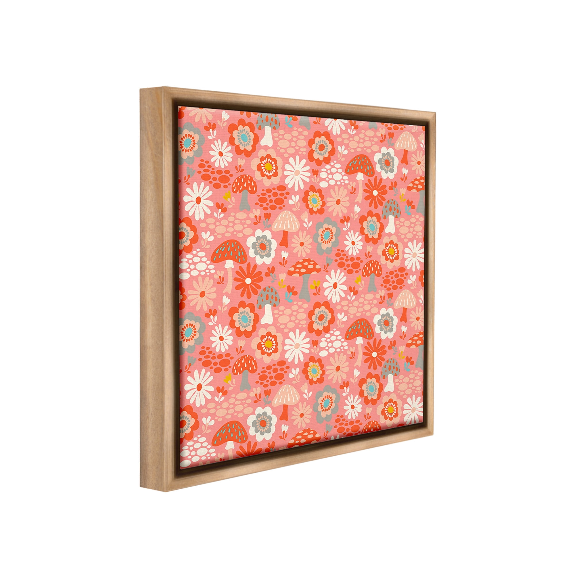 Stupell Industries Mushroom & Floral Pattern Botanical & Floral Painting Brown Floater Framed Canvas Art Print Wall Art, 18 x 18
