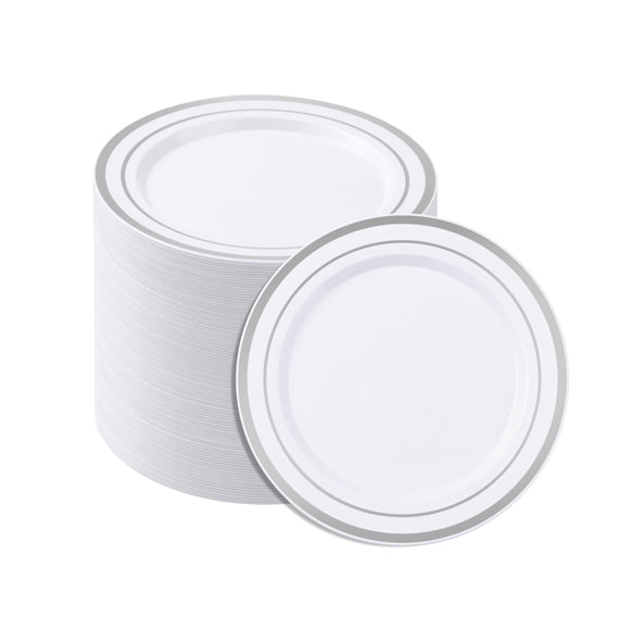 BESTSTAR 7 Inch White Plastic Plates,100PCS Disposable Dessert/Appetizer/Small Cake Plates with Silver Rim,Heavy Duty Plate Ideal for Weddi
