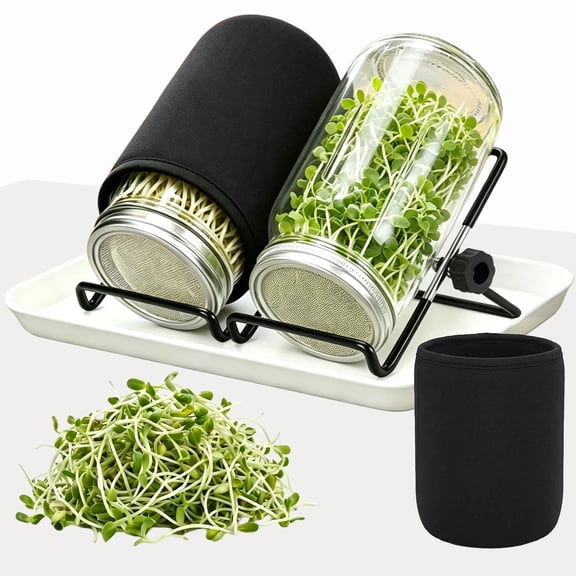 2 Set Kitchen Seed Sprouter Kit, 32oz Wide Mouth Mason Jar Kit for Sprouting Mung Beans Broccoli, with Sprout Lid, Stand, Drain Tray, Blackout Sleeve