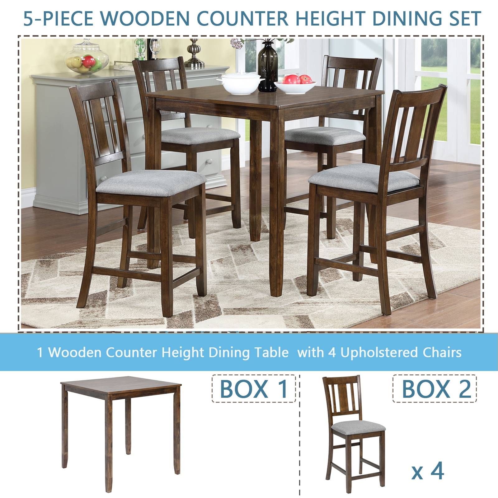 MAYEERTY 5 Piece Dining Table Set, Wooden Dining Square Table Set for 4, Counter Height Kitchen Table Set with Square Table and 4 Upholstered Chairs for Small Space, Walnut