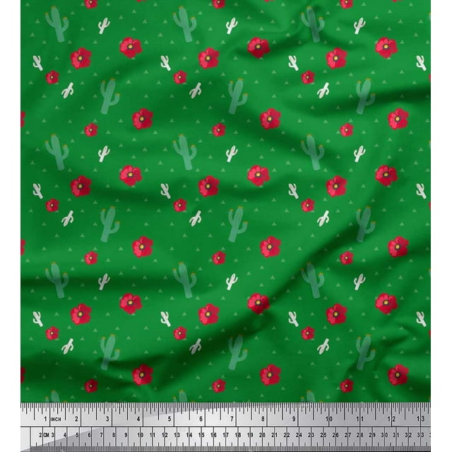 Soimoi Japan Crepe Satin Fabric Triangle,Floral & Cactus Tree Printed Fabric 1 Yard 42 Inch Wide