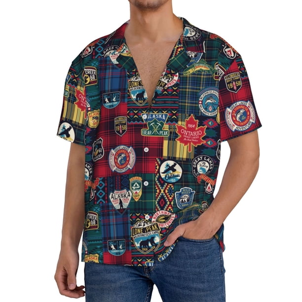 Balery Adventure Camping Badge Camisa Casual de Manga Corta con Botones para Hombre, Texturizada, Estilo Cubano, para Playa, Verano-Medium
