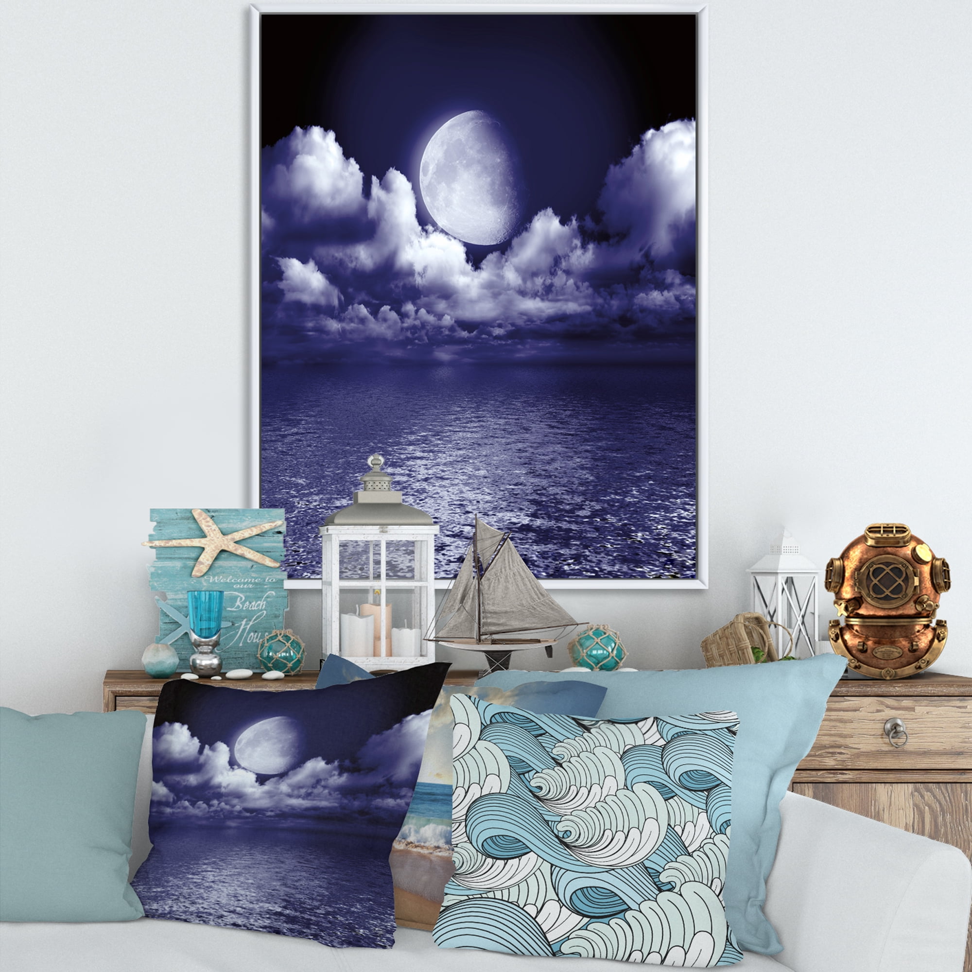 Designart 'Full Moon Night in Cloudy Sky V' Nautical & Coastal Framed Canvas Wall Art Print