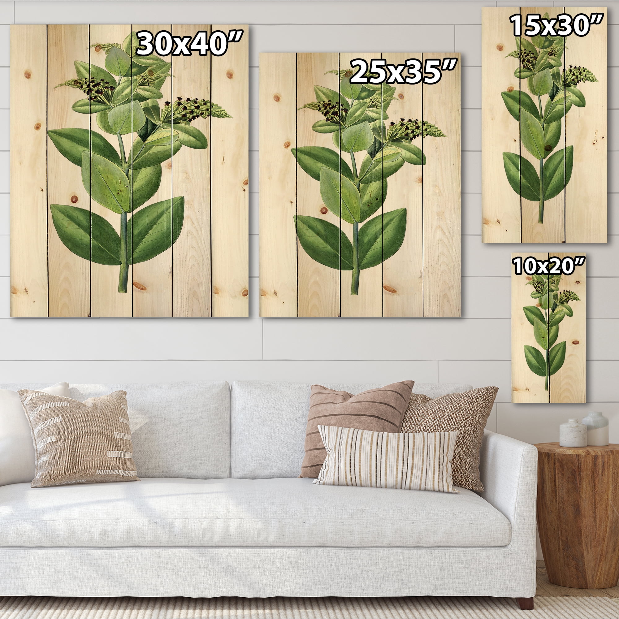 Designart 'Ancient Green Leaves Plants VI' Traditional Print on Natural Pine Wood