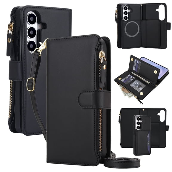 Dteck Wallet Phone Case for Samsung Galaxy S24, Multi-Function Detachable 2 in 1 Magnetic for Samsung S24 Cover Zipper Card Holder with Strap,Black