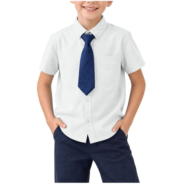 Odeerbi Camisa de Vestido de Algodón de Niños Con Corbata Carta Bordado de Manga Corta Uniforme Escolar Camisas Con Bolsillo