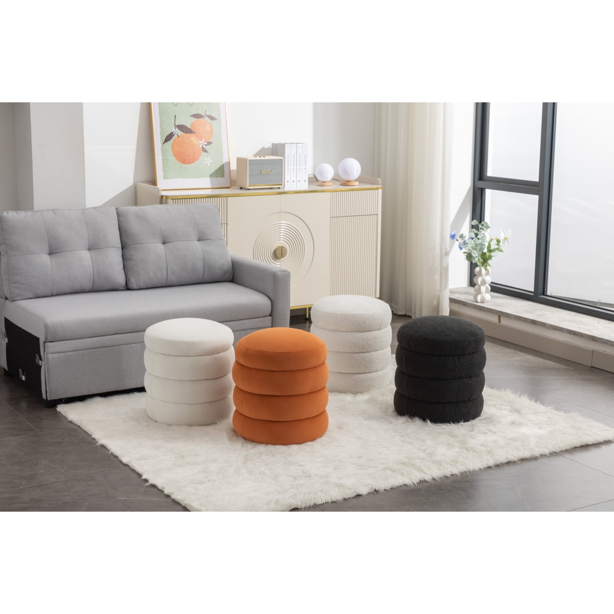 006-Ivory Soft Velvet Round Ottoman Versatile Footrest Stool for Living Room Bedroom