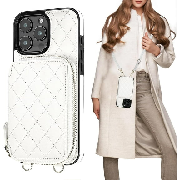 Crossbody Wallet Case for iPhone 16 Pro Max, RFID Blocking PU Leather Zipper Handbag Purse Flip Cover, Kickstand Folio Case with Card Slots Holder Wrist Strap Lanyard 5G 6.9 Inch (White)