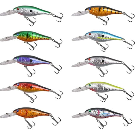Topwater Fishing Lures Hard Bait Minnow Crankbait with Treble Hooks 3D Fishing Eyes Life-Like Swimbait 10pcs
