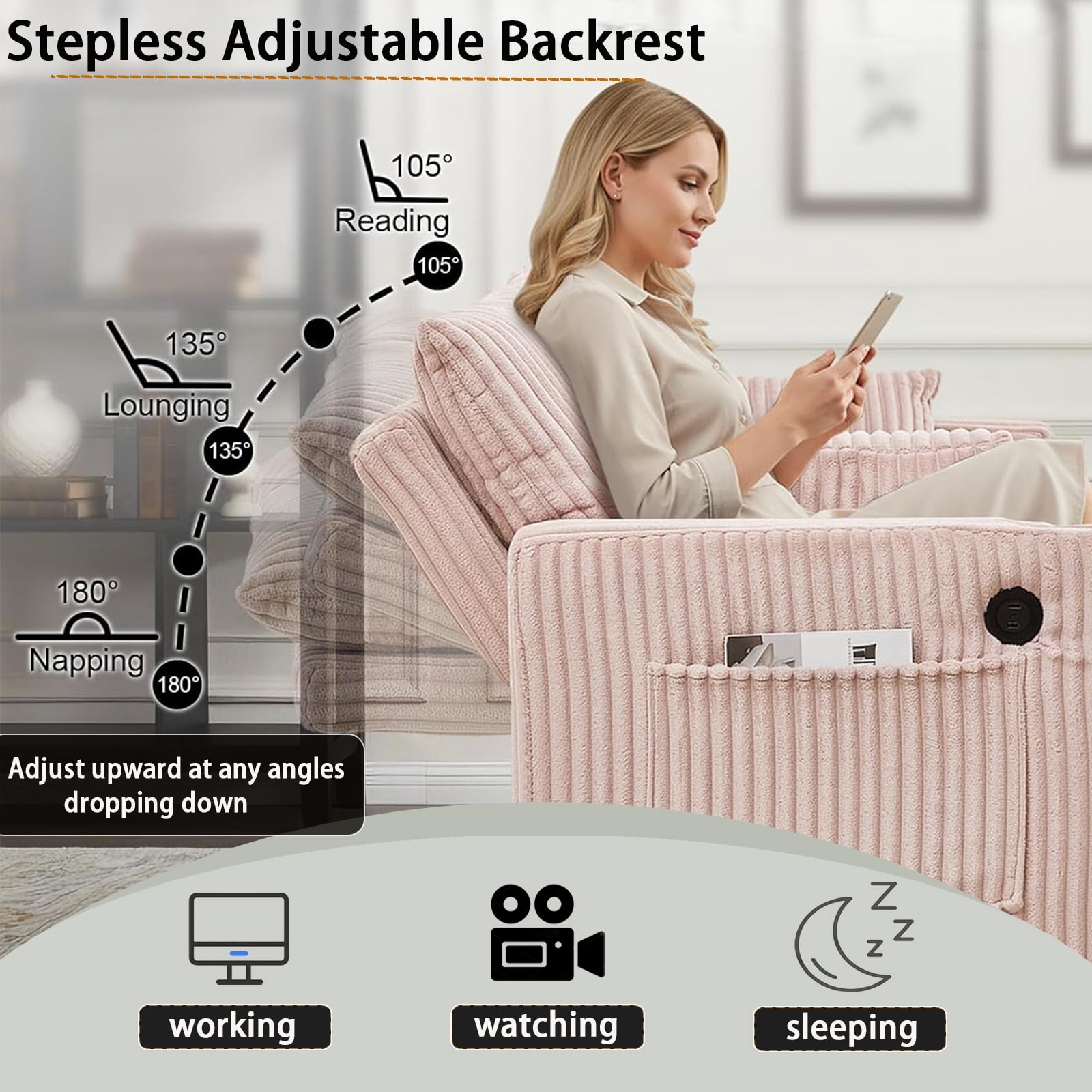 EPOWP 65'' Convertible Corduroy Sofa Bed with USB Charging Port & Swivel Side Table,3-in-1 Pull Out Couch with Adjustable Backrest,Futon Couches for Living Room,Bedroom, Guest Room,Easy Assembly