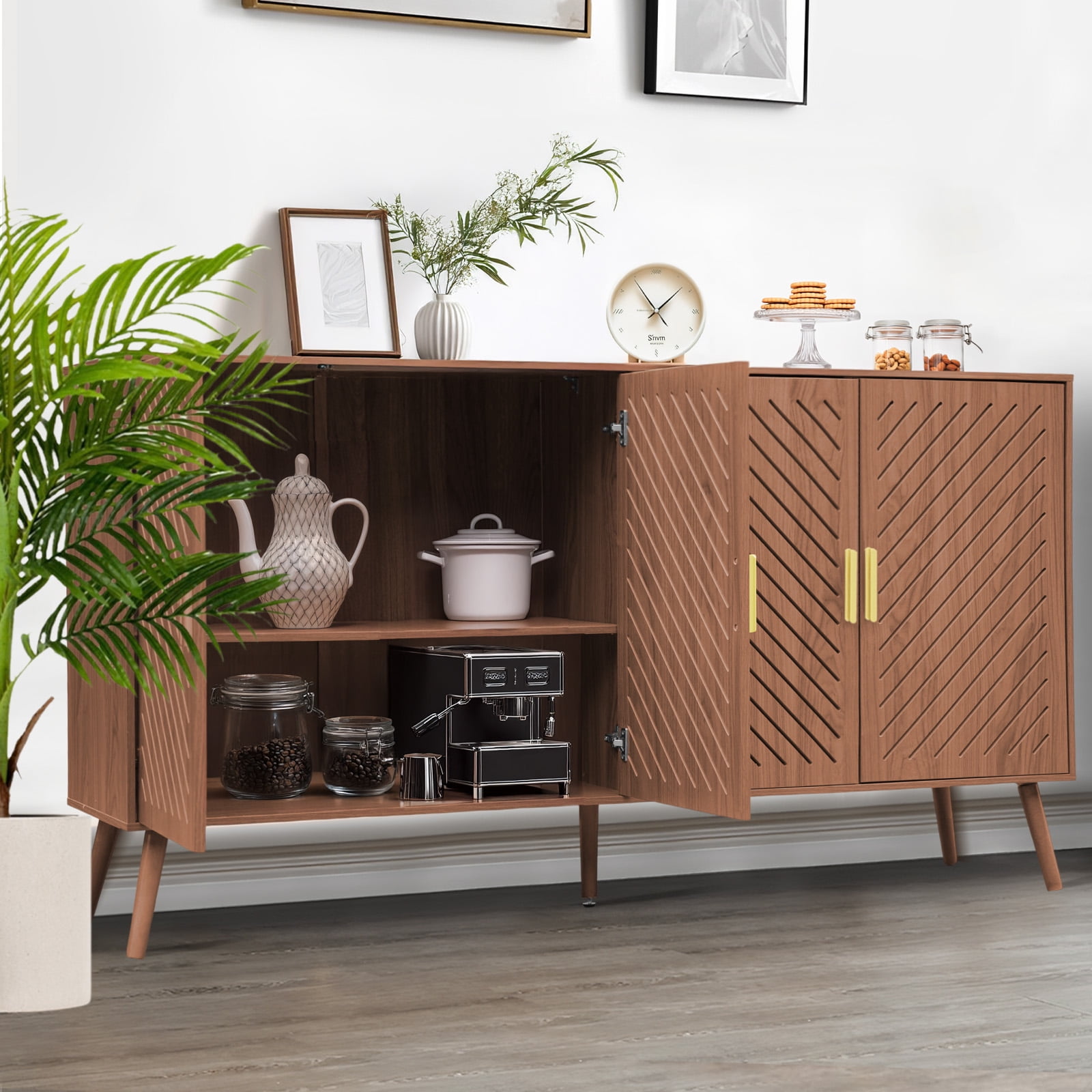 Yeulluey Storage Cabinet with 4 Doors, Kitchen Buffet Sideboard Cabinet,Wood Storage Organizer for Kitchen, Living Room, Dining Room, Brown