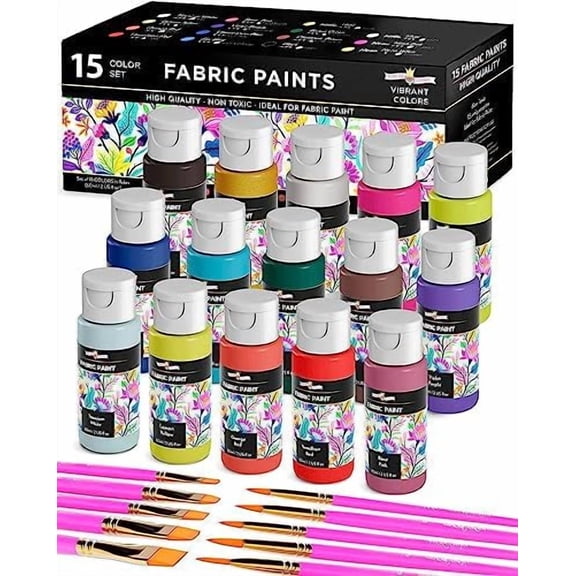 Permanent Fabric Paint for Clothes, 15 Colors for Canvas, Textile, Fabric Paint Set - Child Safe Paint for Fabric with 10 Brushes & Storage Box (60ml each)