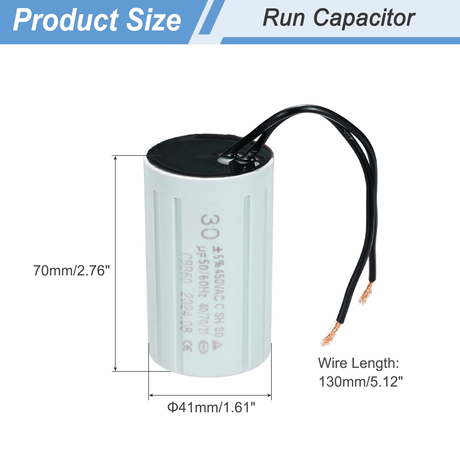 CBB60 30uF Running Capacitors, AC 450V 2 Wires 50/60Hz Cylinder 70x40mm,1Set