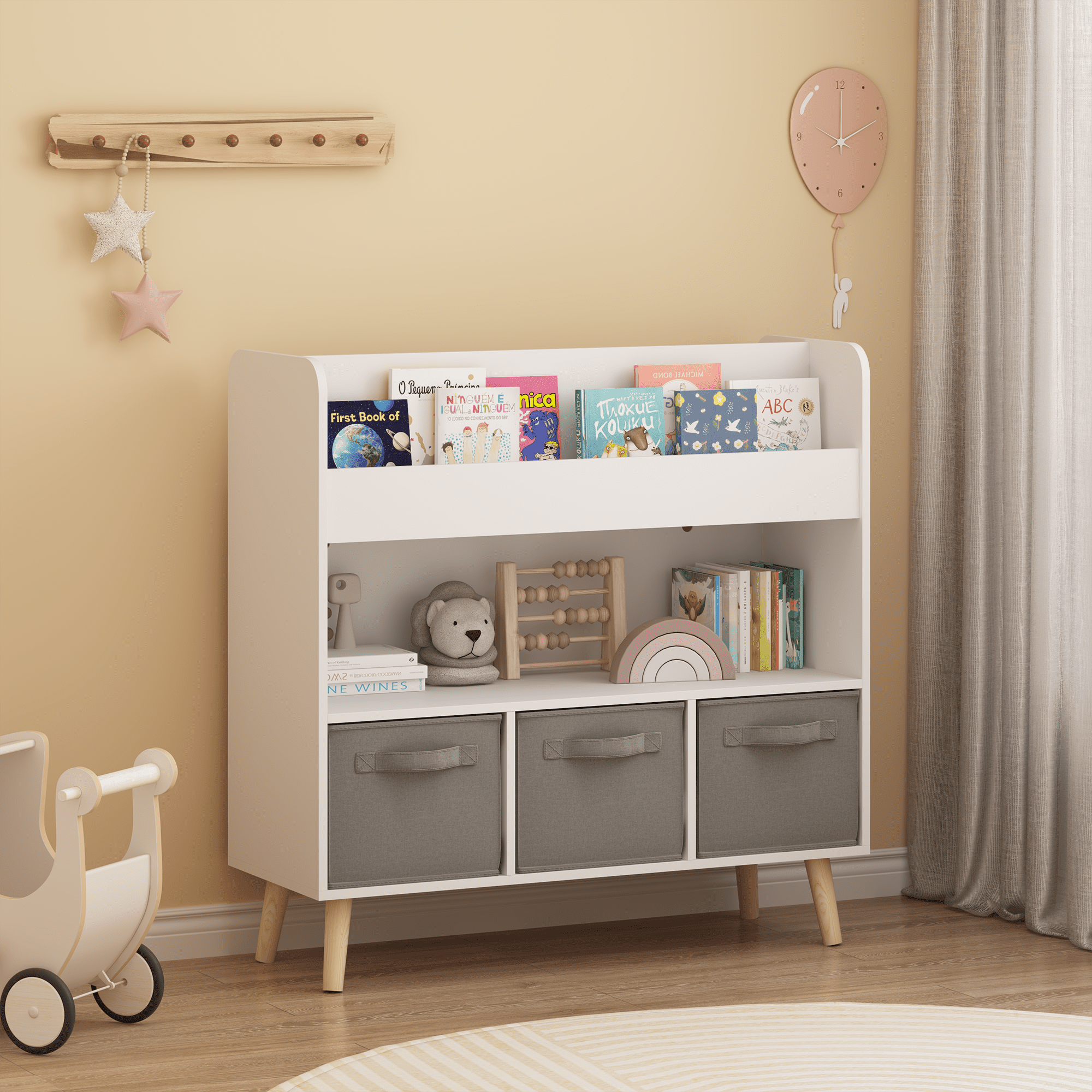 Kids Furniture Kids Bookshelf with 3 Fabric Bins, Modern Children's Bookcase with Storage for Toys and Books, Toddler Book Organizer Shelf for Playroom, Bedroom, or Nursery, White and Gray,Baby Nurse