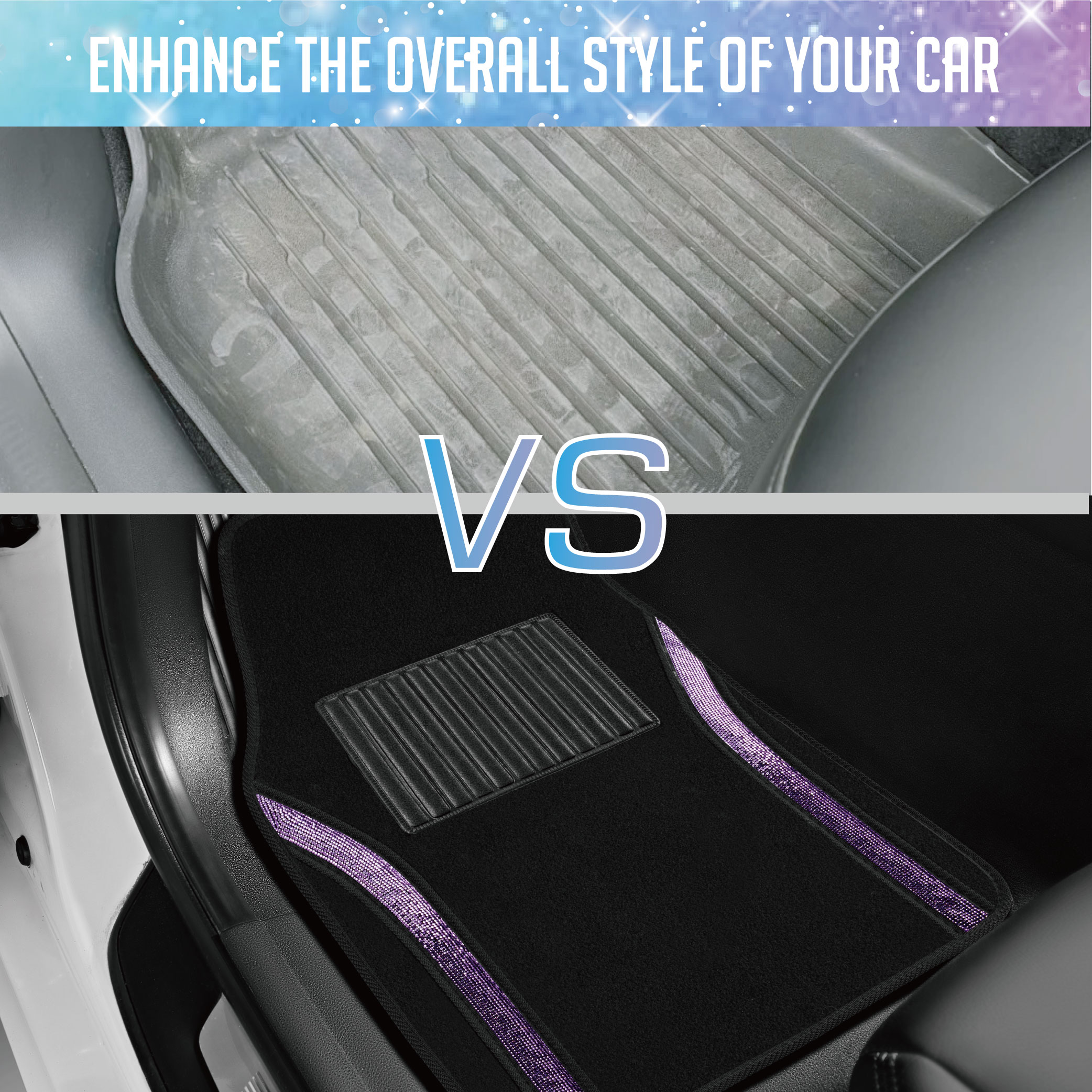 Auto Drive Bling Diamond Car Floor Mats, 4-Piece Glitter Carpet Set, Universal Fit for Cars，SUVs Dark Purple