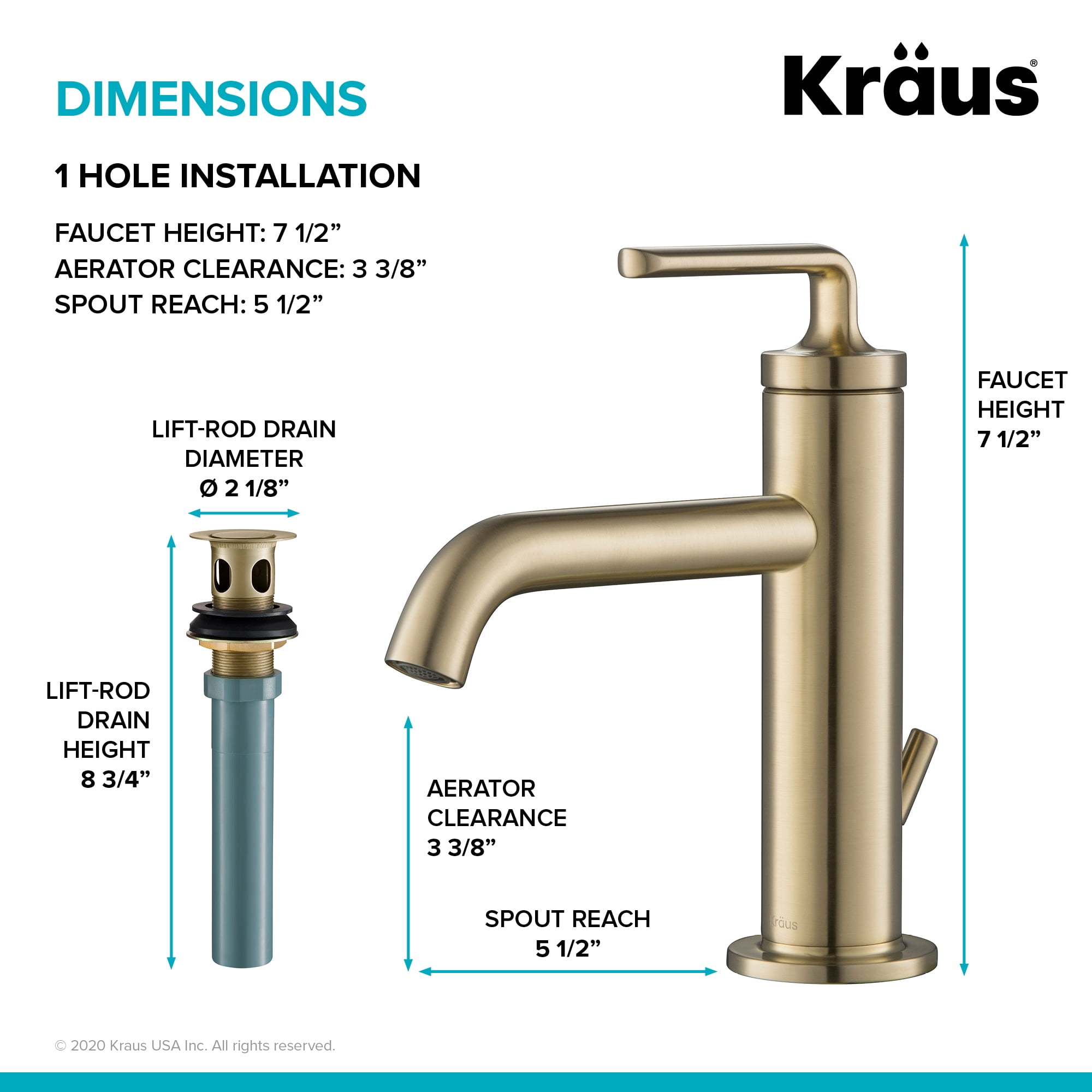 Ramus™ Single Handle Bathroom Sink Faucet with Lift Rod Drain in Brushed Gold