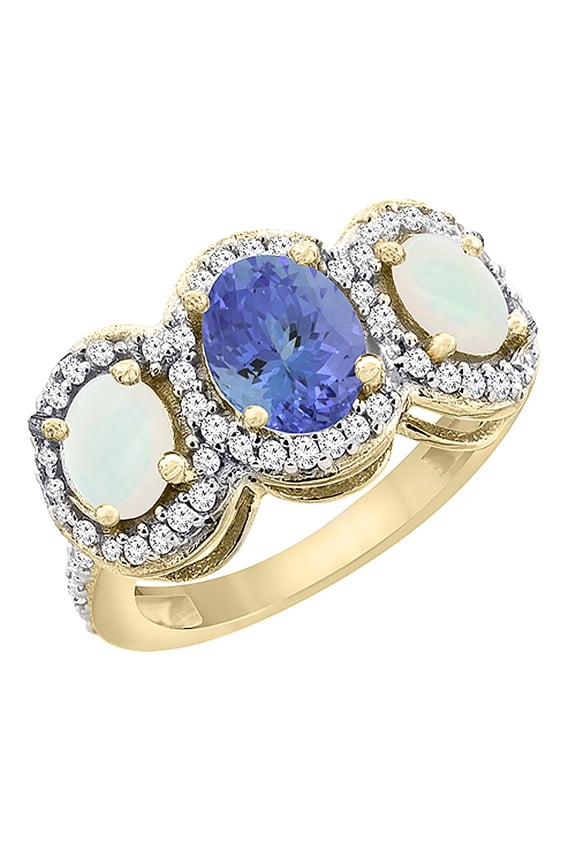 14K Yellow Gold Natural Tanzanite & Opal 3-Stone Ring Oval Diamond Accent, size 7.5