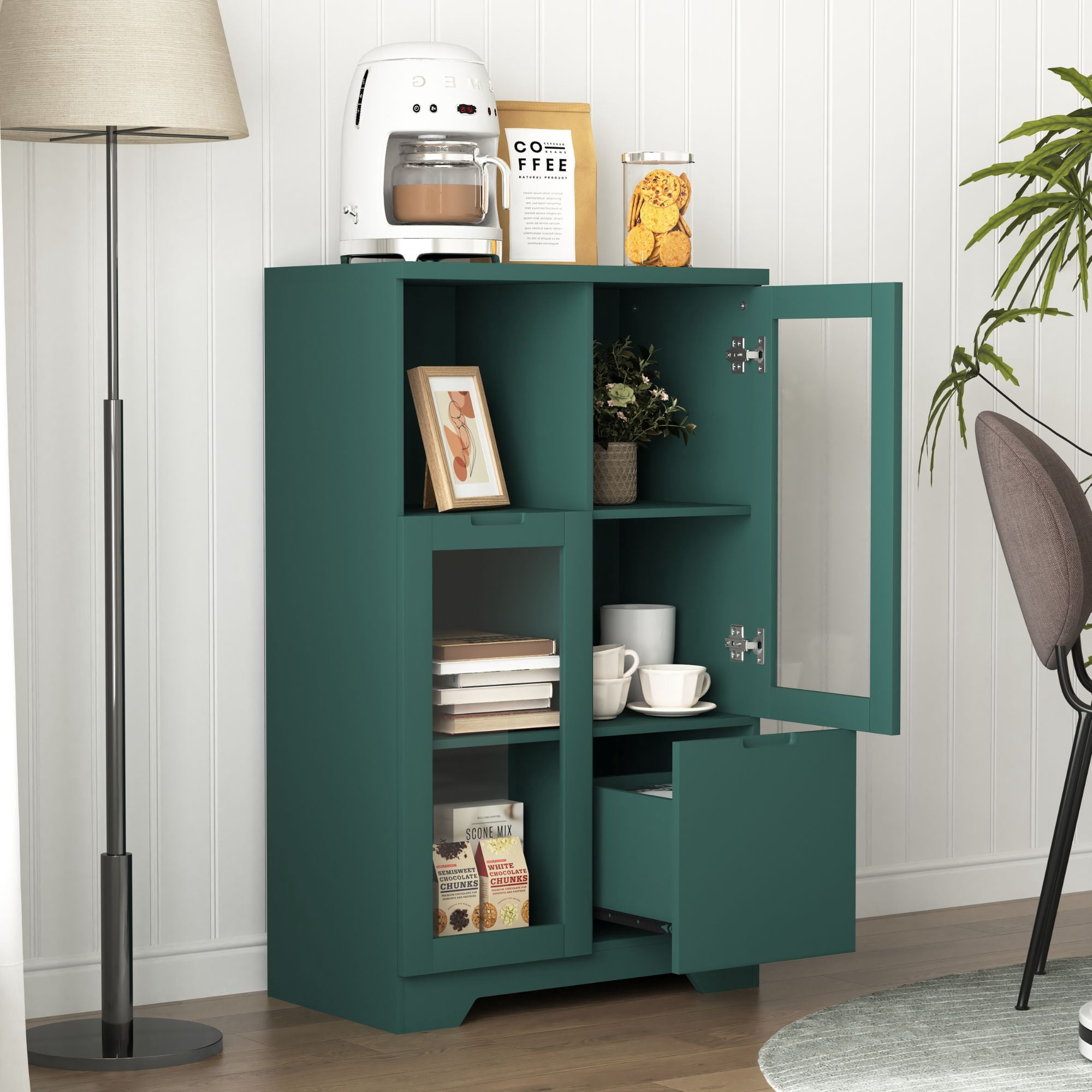 Noble House Storage Cabinet with Glass Doors and Drawer, Adjustable Shelves, Green