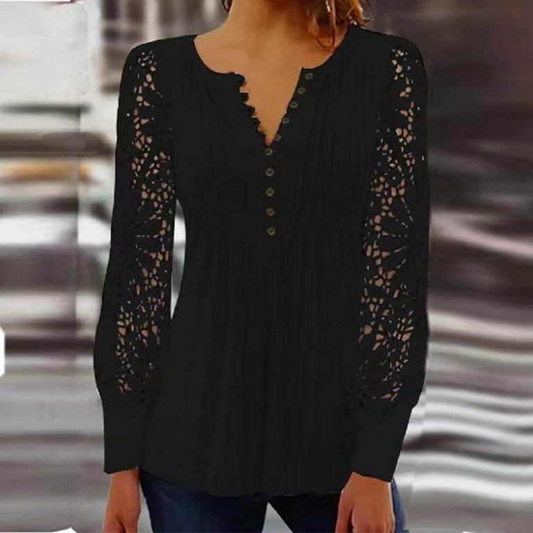 Sexy Solid Lace Buttons V Neck Tops Sexy Solid Lace Buttons V Neck Tops