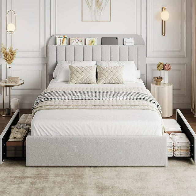 AKDSteel Kids Bed Frame with Bouclé Upholstery, Built-In Bookcase Headboard, and 2 Storage Drawers, Cozy Platform Design for Children’s Bedrooms