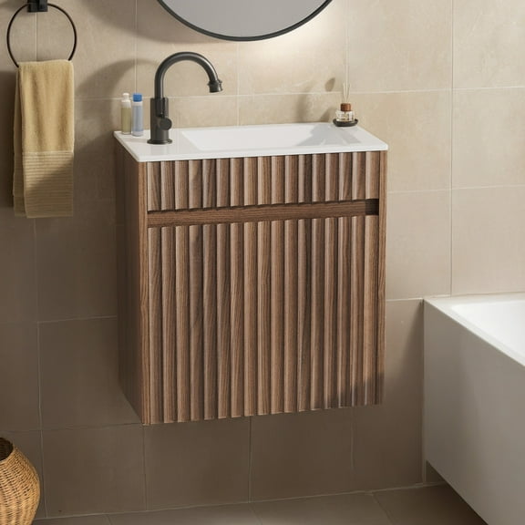 UBesGoo Fluted 18" Wall Mounted Bathroom Vanity Set with Sink Top, Small Floating Bathroom Vanity, Walnut