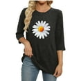 thumbnail image 5 of 3/4 Sleeve Ribbed Knit Tops for Women Daisy Printed Loose Crew Neck Tee Shirts Dressy Casual Pullover Going Out Graphic Blouse, 5 of 6