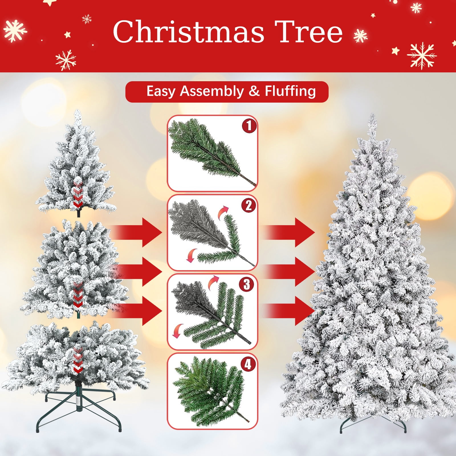 7 Ft Flocked Christmas Tree with Pine Cones, Snowy PVC Artificial Holiday Tree, 1124 Tips, 45 Natural Pinecones, Sturdy Metal Stand, Full Shape for Seasonal Decoration