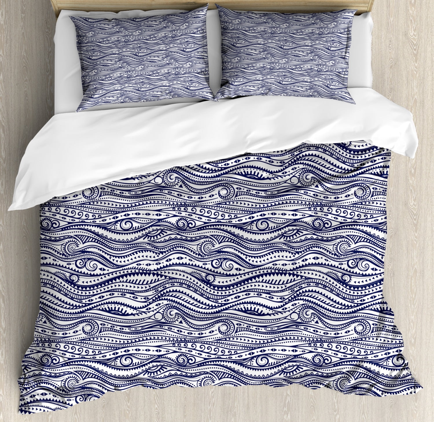 Tribal Duvet Cover Set, Vintage with Wavy Curved Lines and Little