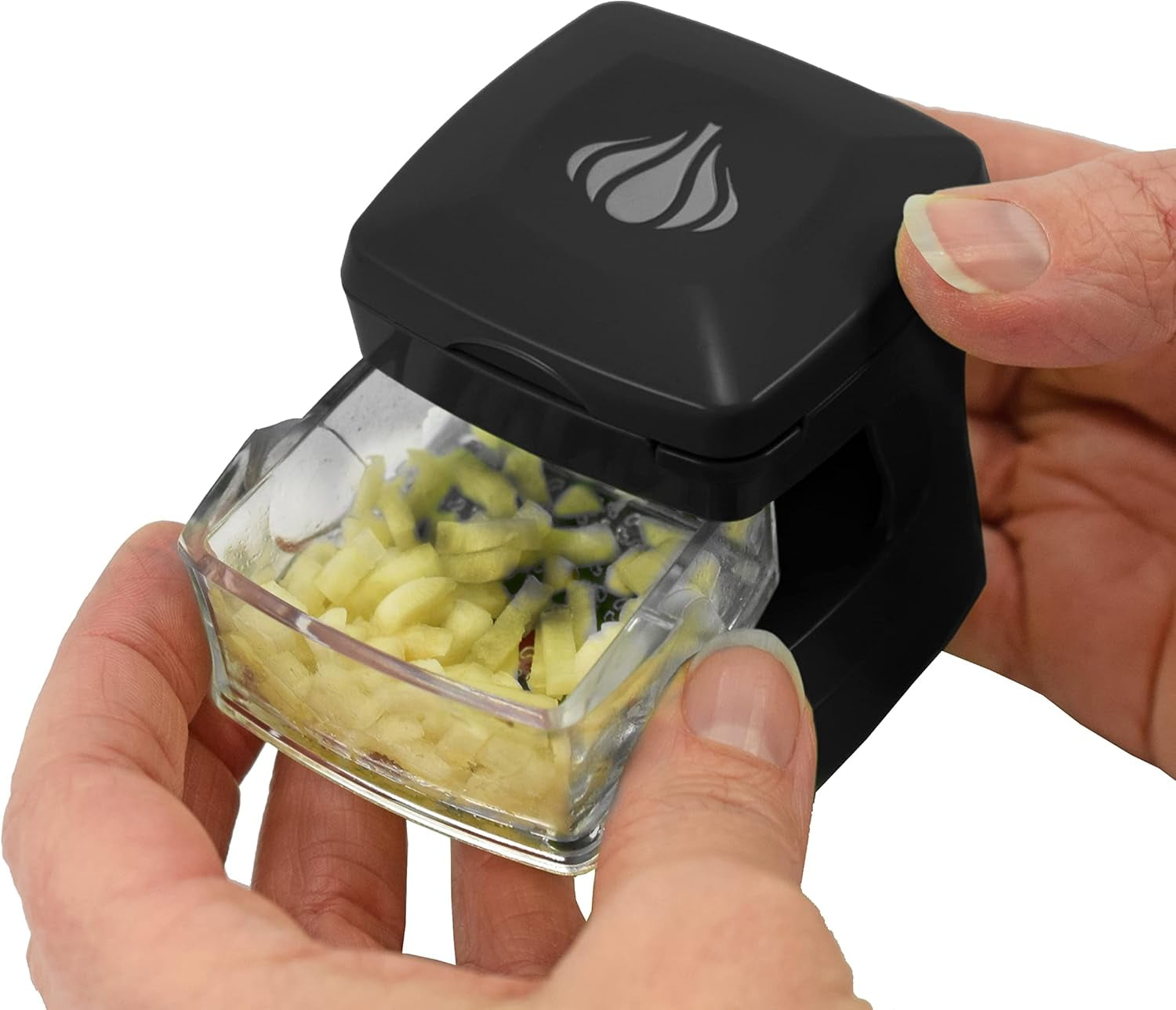 Kitchen Innovations Garlic-A-Peel Garlic Press, Crusher, Cutter, Mincer, and Storage Container - Includes Silicone Garlic Peeler - Easy to Clean - Stainless Steel Blades ‚Äì (Black), standard
