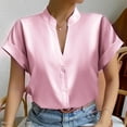 thumbnail image 5 of RYRJJ Women's Elegant Shirts Fashion Casual Loose Fit Short Sleeve V-Neck Shirt Tops Button Down Lightweight Stand Collar Blouse(Pink,XXL), 5 of 8