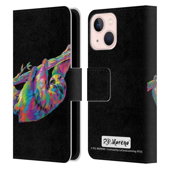Head Case Designs Officially Licensed P.D. Moreno Animals Sloth Leather Book Wallet Case Cover Compatible with Apple iPhone 13 Mini
