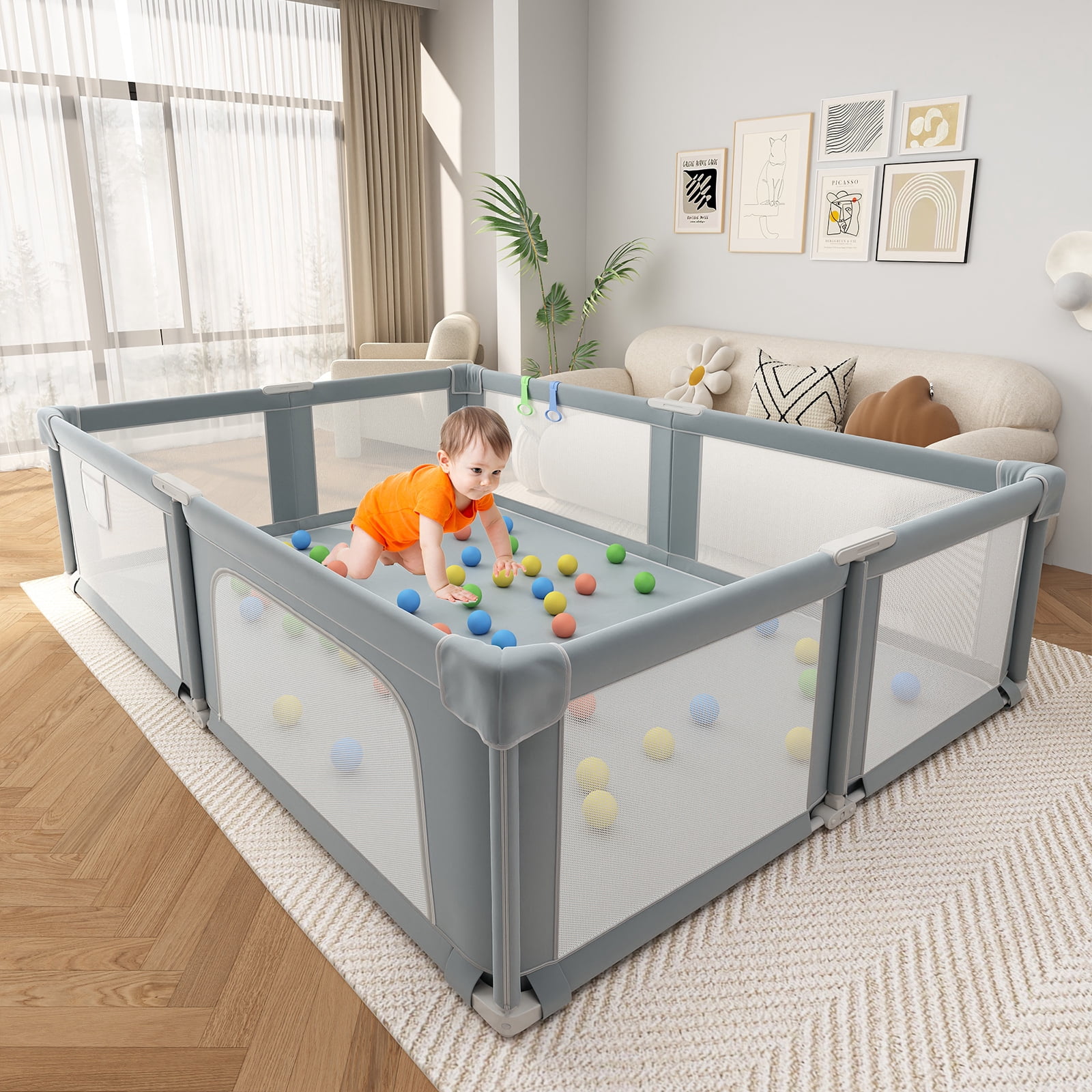 73“×61” Baby Playpen with Mat, Extra Large Baby PlayYards,Child Play Yard with Breathable Mesh for Indoor&Outdoor, Deep Gray