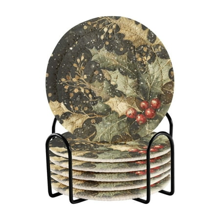 

6 coil coasters 3.94x3.94x0.24 inch water coasters Drink coasters with cup holders Absorbent coasters Heat resistant for bar protection Snowflake Holly and Mistletoe