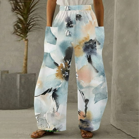 Lilgiuy Women Casual Printing Pockets Elastic Mid-Waist Comfortable Wide-Legged Loose Pants Petite Classic Allure Fit Proportioned Pant