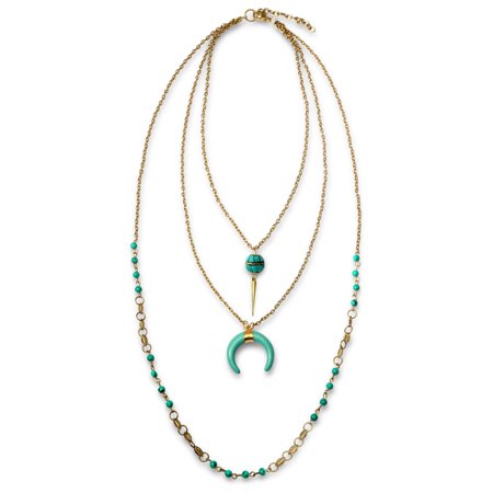 Turquoise Bead Necklace Jewelry - Boho Style Crescent Moon Horn Multi Layer Necklace For Teen For Women Stabilized Turquoise Bead Oxidized Gold Plated